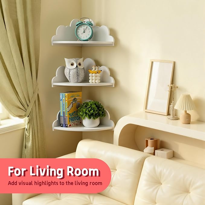 Cloud Corner Floating Shelves，Set of 3 White Corner Wall Shelf Floating Wooden - Image 7