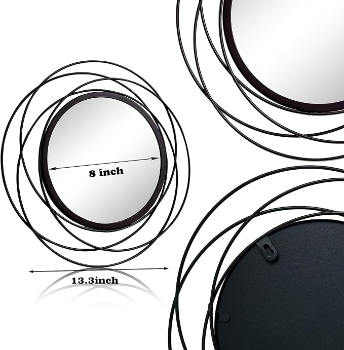 3 Set 13 Inch Black Circle Mirrors Wall Decor Iron Frame Wire Mirror Metal - Image 5