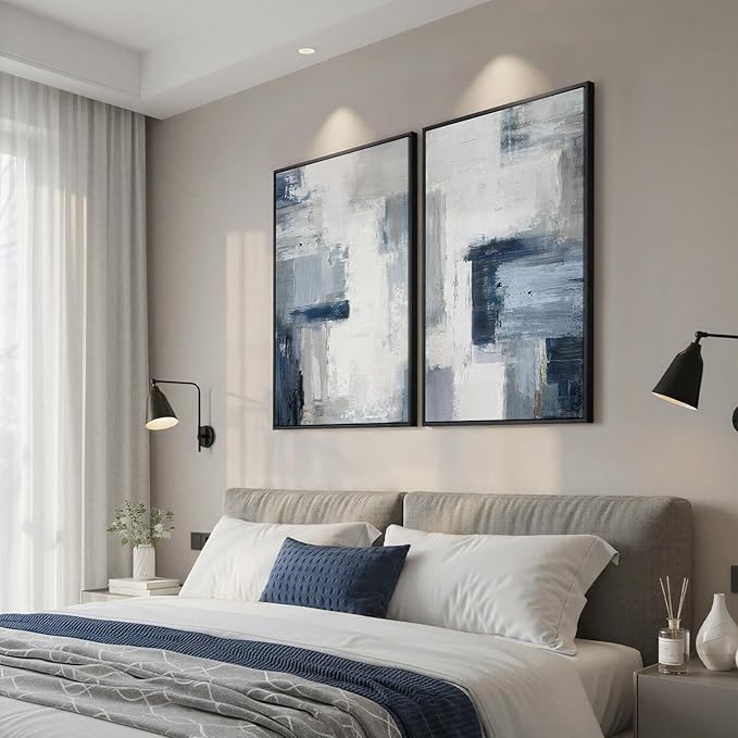 Large Framed Blue Gray Abstract Wall Art Set of 2, Modern Canvas Artwork - Image 2