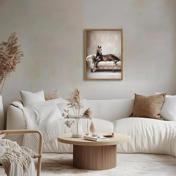 Framed Funny Horse Canvas Wall Art, Vintage Western Brown Horse On Sofa - Image 3