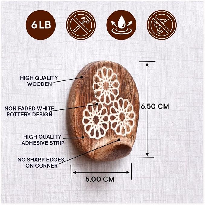Indian Shelf 6 Lb- 6 Pieces Decorative Wood Adhesive Wall Hooks–Boho Peel and - Image 7