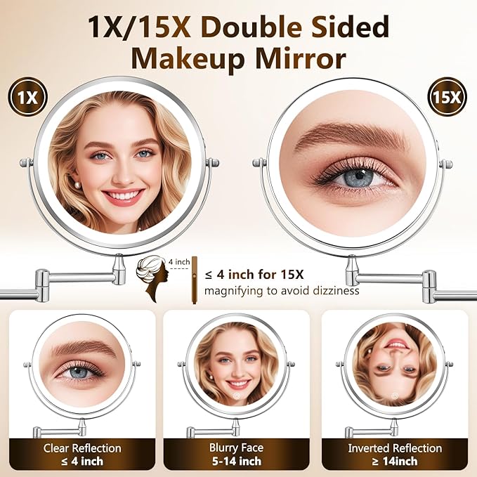 DECLUTTR Wall Mounted Lighted Makeup Mirror, Rechargeable 1X/15X Magnifying - Image 4
