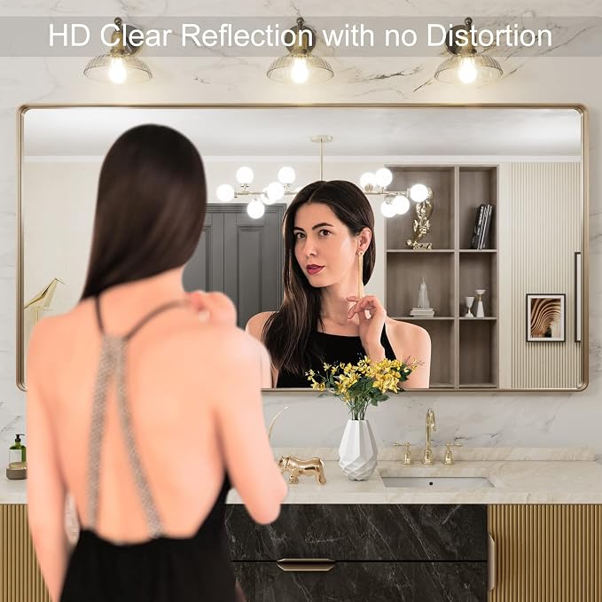 LOAAO 72”X36” Gold Bathroom Mirror, Rounded Rectangle Gold Frame Mirror - Image 2