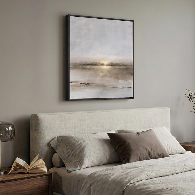 Framed Neutral Abstract Landscape Wall Art, Modern Gray Black Gold Canvas - Image 2