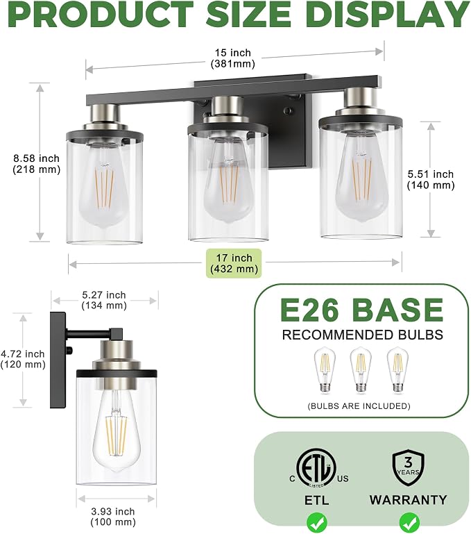 DORESshop 17 Inch Bathroom Light Fixtures, 3-Light Black and Nickel Bathroom - Image 5