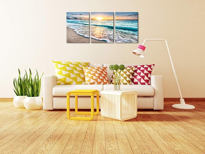 Wieco Art 3 Panel Blue Beach Canvas Wall Art - Image 3