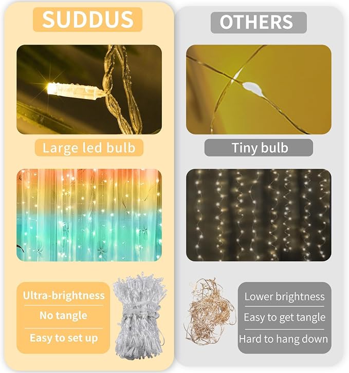 suddus Curtain Lights, 180 Led 6.5 * 5.9ft Sunset Curtain Fairy Lights USB - Image 7