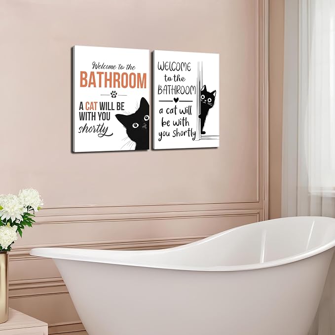 MUWAK Funny Welcome to the Bathroom Slogan Wall Art Set of 2 – Cat will Be - Image 7