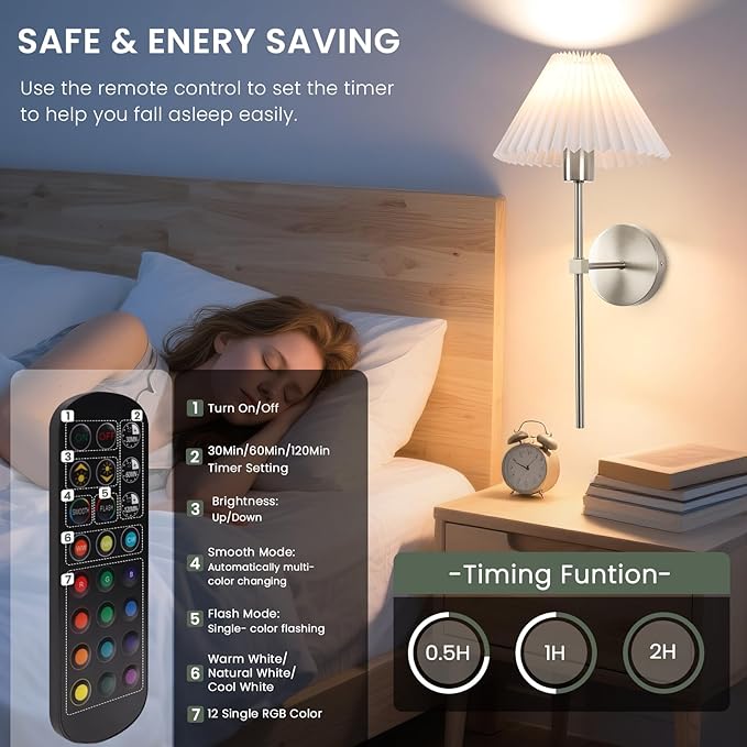 Wireless Wall Sconce Sets of 2, Pleated Shades Rechargeable Battery Operated - Image 6