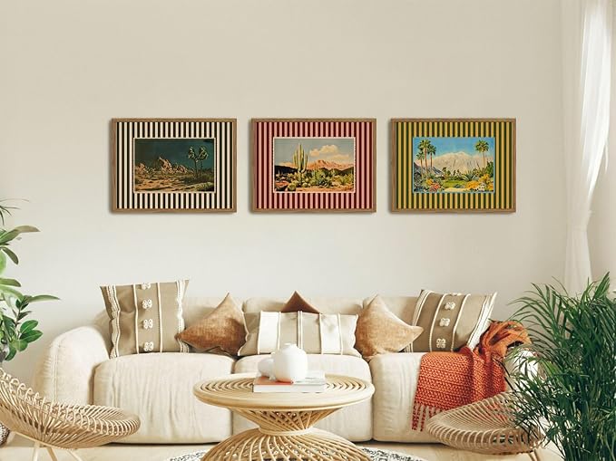 Framed Vintage Western Nature Landscape Wall Art Set of 3, Striped Postcards - Image 2
