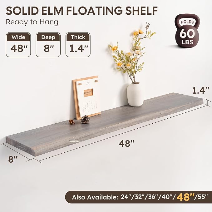 Live Edge Floating Shelf, 48 Inch Solid Elm Wood - Image 3