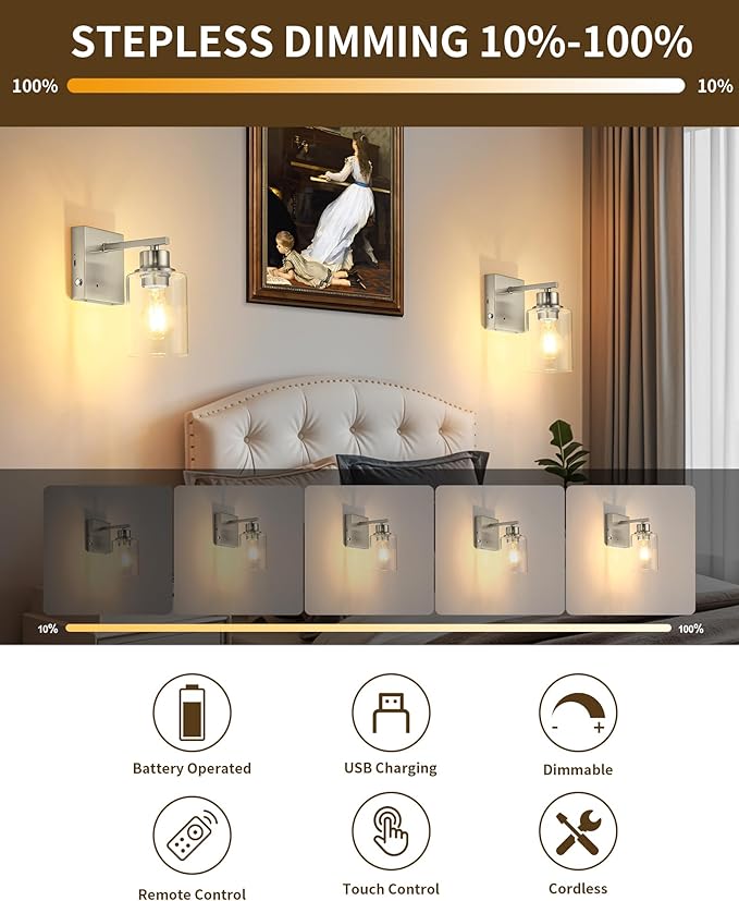 Rayogale Wireless Wall Sconces, Nickel Battery Operated Wall Sconce Set of 2 - Image 2
