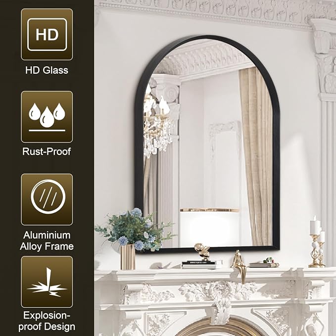 Black Arched Bathroom Wall Mirror Brushed Metal Vanity Wall Mounted Mirror - Image 6