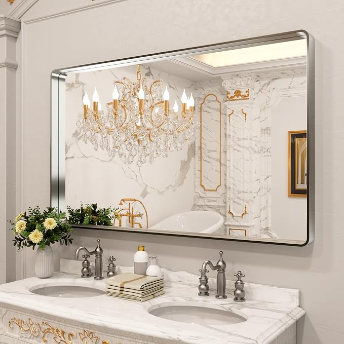 LOAAO 60X36 Inch Brushed Nickel Bathroom Mirror, Rounded Rectangle Silver Metal - Image 8