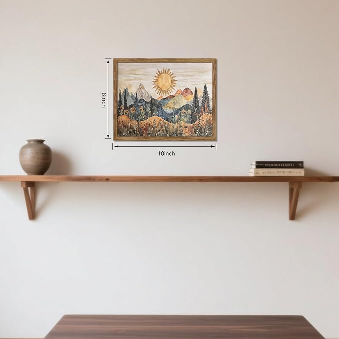 Framed Boho Sun Canvas Wall Art, Modern Abstract Mountain Landscape Painting - Image 3