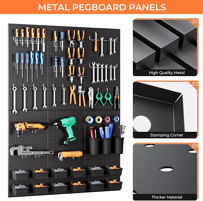 INCLY 226PCS Metal Pegboard Wall Organizer, 48x36 Inch Black Peg Board Panels - Image 6