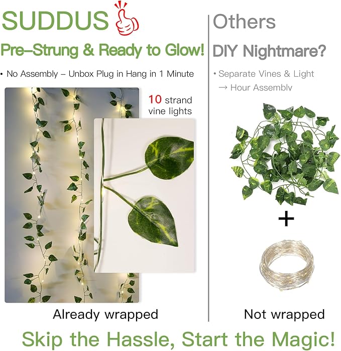 suddus 200 LED Vine with Light Plug in, 6.5ft x 6.5ft Pothos Fairy Curtain - Image 4
