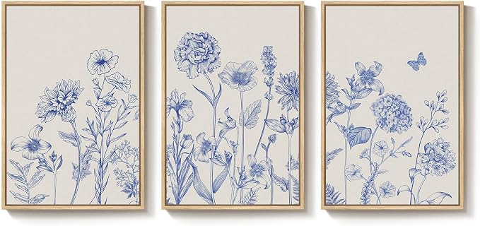 Framed Neutral Chinoiserie Blue Botanical Wall Art, 3 Piece Minimalist Floral - Image 9