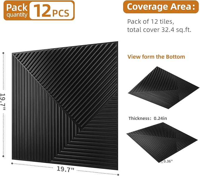 WOWSTAR 12-Pack 3D Wall Panels 19.7" x 19.7", Modern Black Wall Covering - Image 5