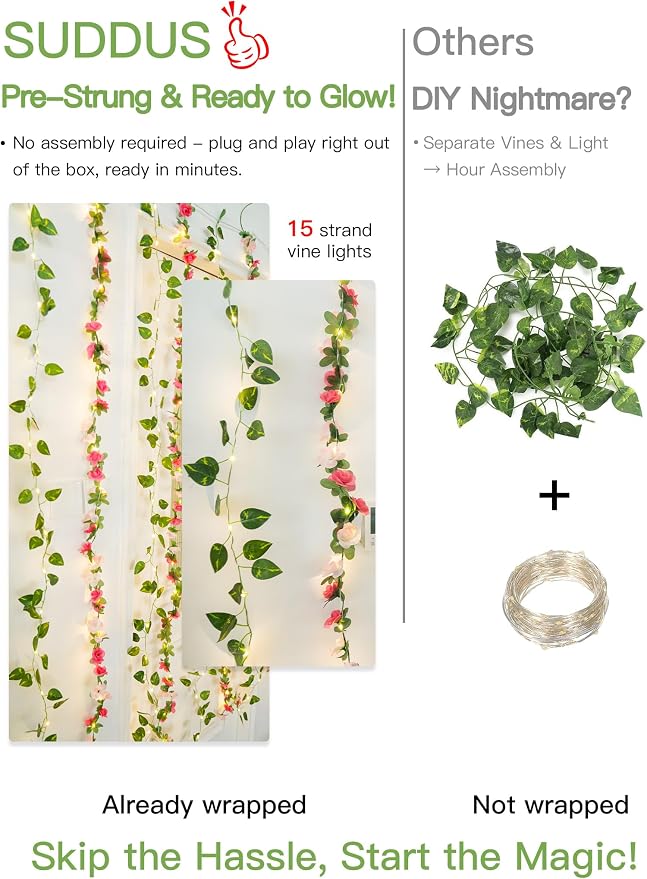 suddus 300 LED Artificial Flower Garland Pothos Vines Curtain Lights, Rose - Image 6