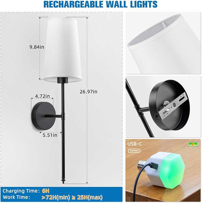 NIORSUN Black Battery Operated Wall Sconce Set of 2, Rechargeable Wall Lights - Image 7
