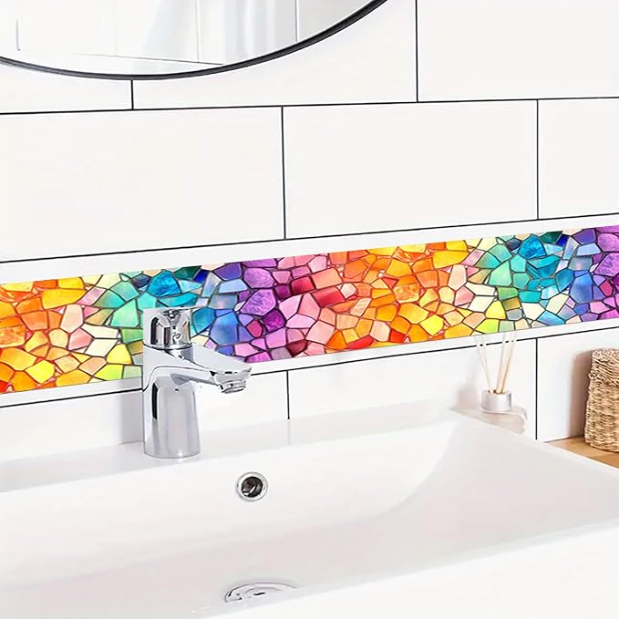HOMETITUTE Wallpaper Border Peel and Stick Wall Border Rainbow Mosaic Glass - Image 2