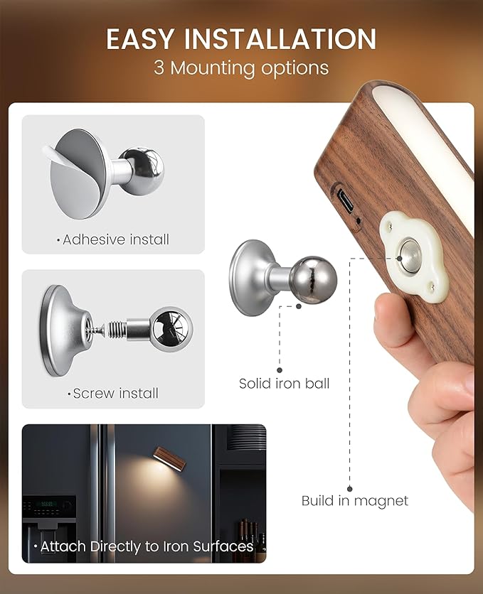 Wood LED Wall Sconce Magnetic 360°Rotate Mounted Mini Lamp Brightness - Image 5