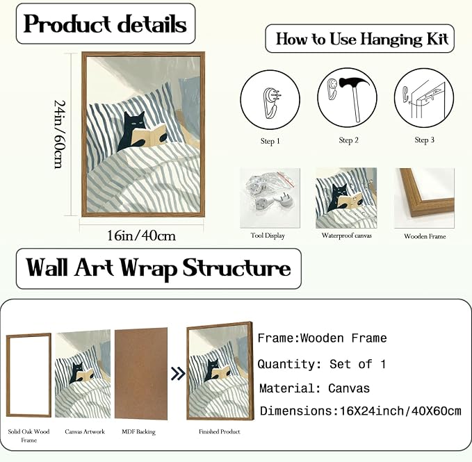Funny Black Cat Wall Art Painting, Whimsical Cat in Stripe Bed Reading Wall - Image 3