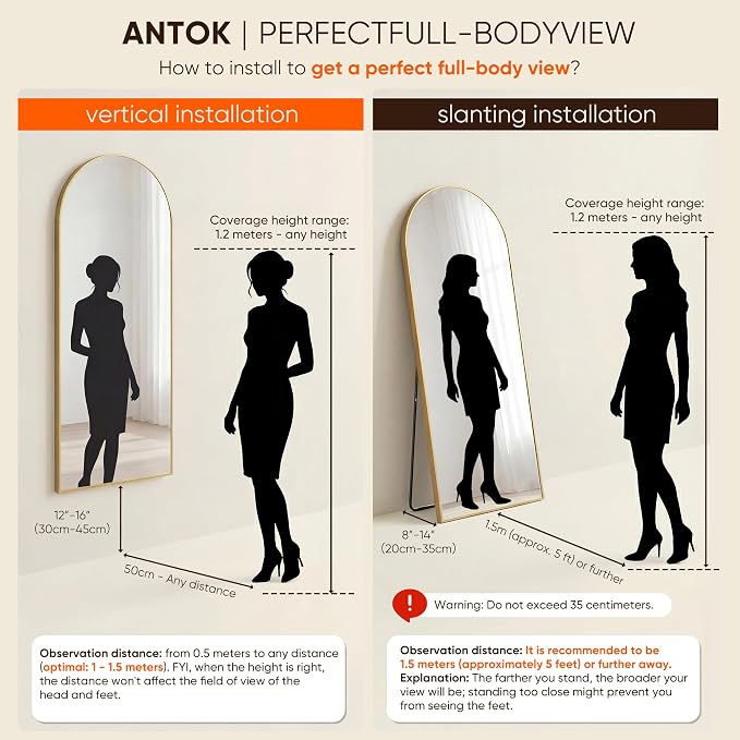 Antok 71" x28” Arched Full Length Floor Mirror, Free Standing/Wall Mount/Leaning - Image 7