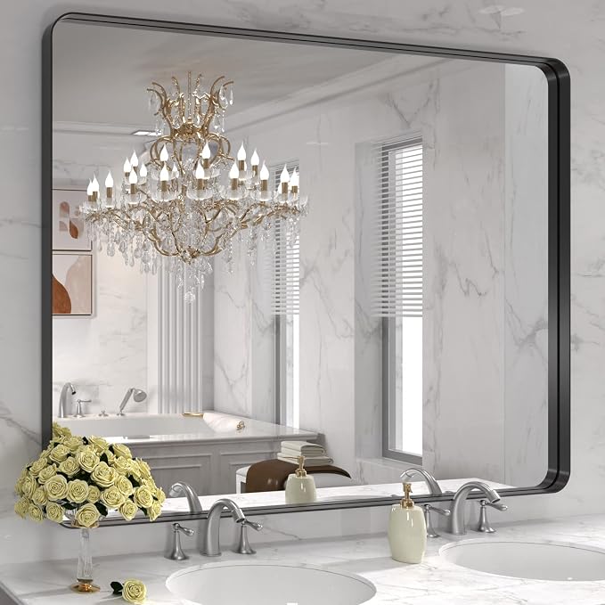 LOAAO 48x36 Inch Black Metal Framed Bathroom Mirror by LOAAO