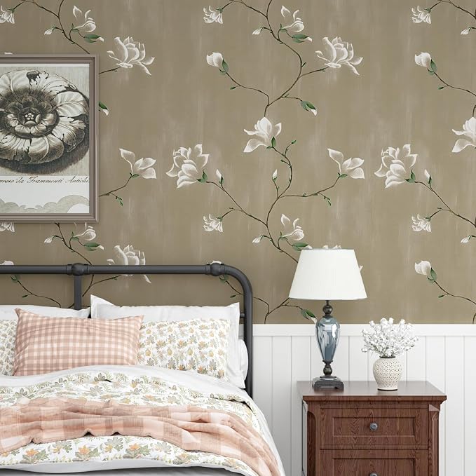 Laatse Floral Wallpaper Peel and Stick 17.5" x 118" Khaki Floral Contact Paper - Image 4