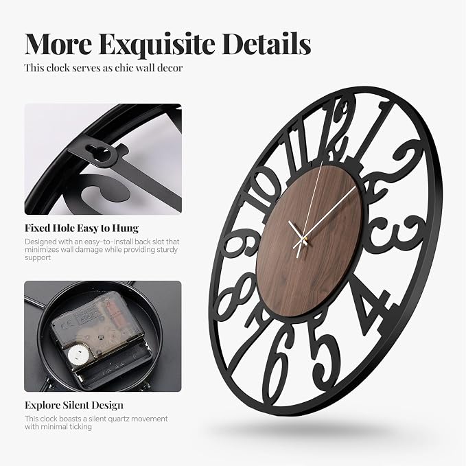 Large Wall Clock for Living Room Decor, 24 inch Decorative Wood Wall Clocks - Image 4