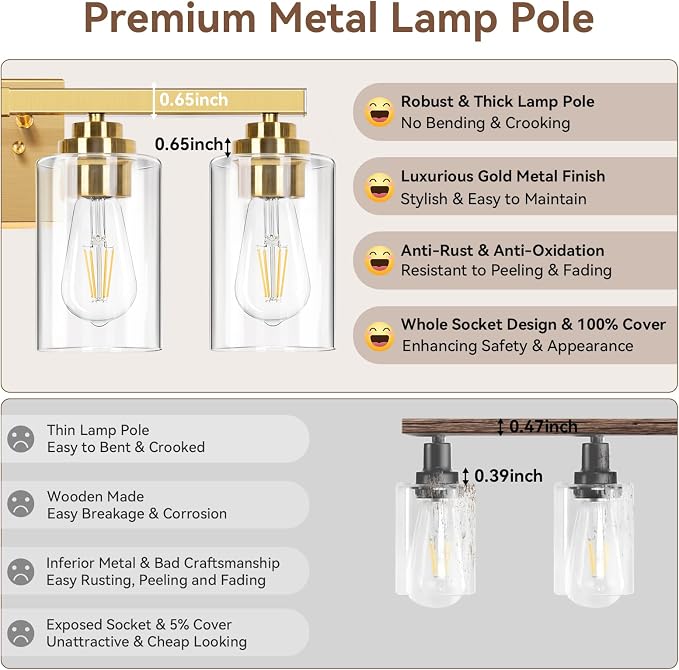 4-Light Bathroom Light Fixtures, Brushed Gold Vanity Lights, Classic Wall Lamp - Image 5