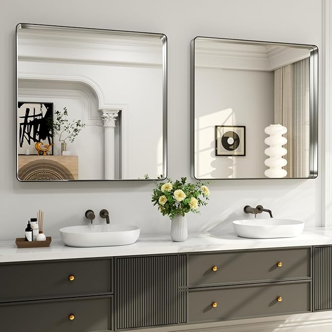 LOAAO 38X38 Inch Brushed Nickel Bathroom Mirror, Rounded Rectangle Silver Metal - Image 4