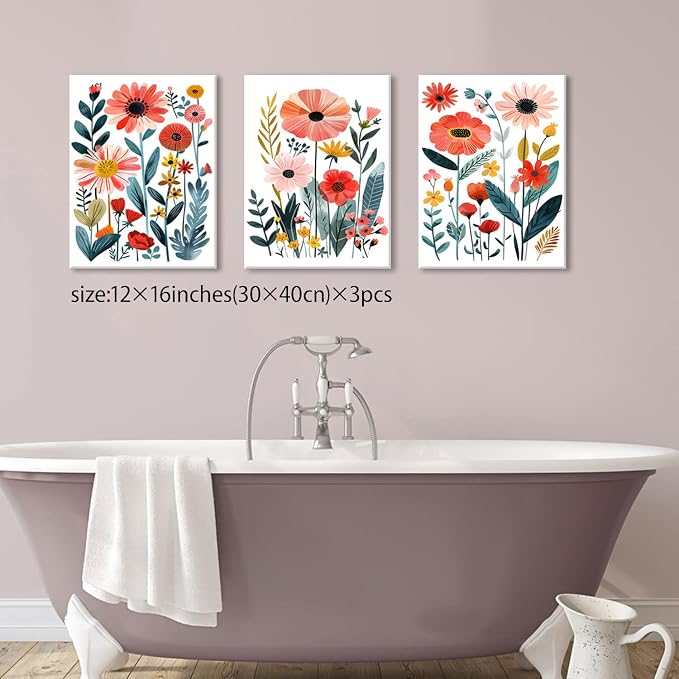 KISSFOX Framed Colorful Wildflower Canvas Wall Art Set Of 3 Flowers Pictures - Image 5