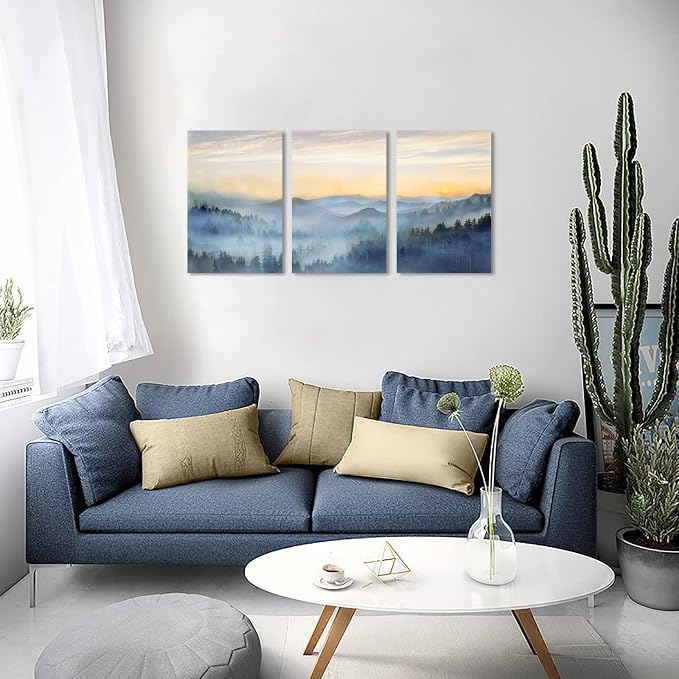 Wall Decor for Bedroom 3 Panel Sunrise Misty Forest Print Picture Paintings - Image 2
