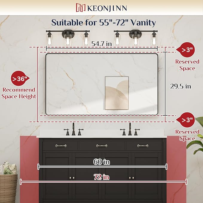 Keonjinn Black Bathroom Mirror, 55” x 30” Rounded Rectangle Sandblasted Finish - Image 7
