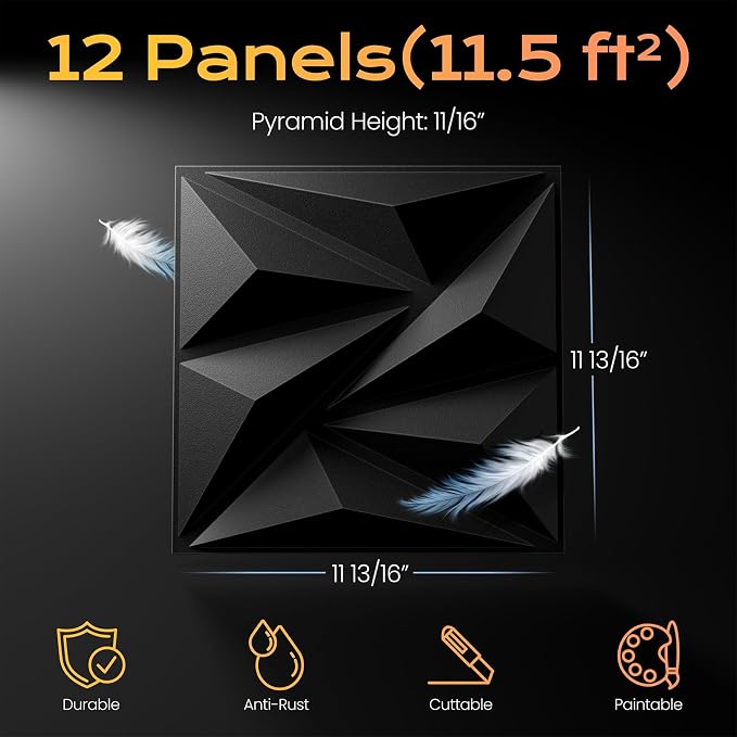 Sonicism Wall Panels Upgrade 12 Pack, 0.7”x11.8”x11.8”Pyramid 3D Wall Panels - Image 5