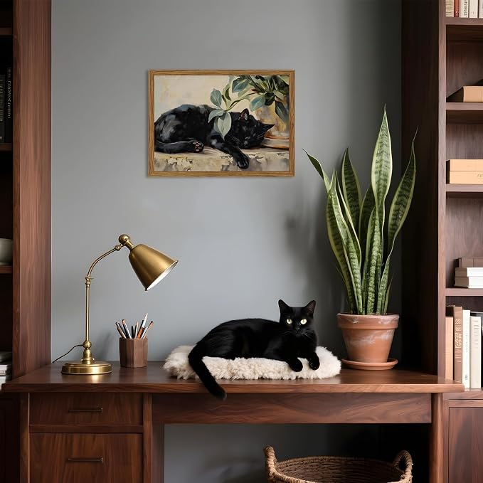 Framed Black Cat Canvas Wall Art, Vintage Sleeping Cat - Image 8