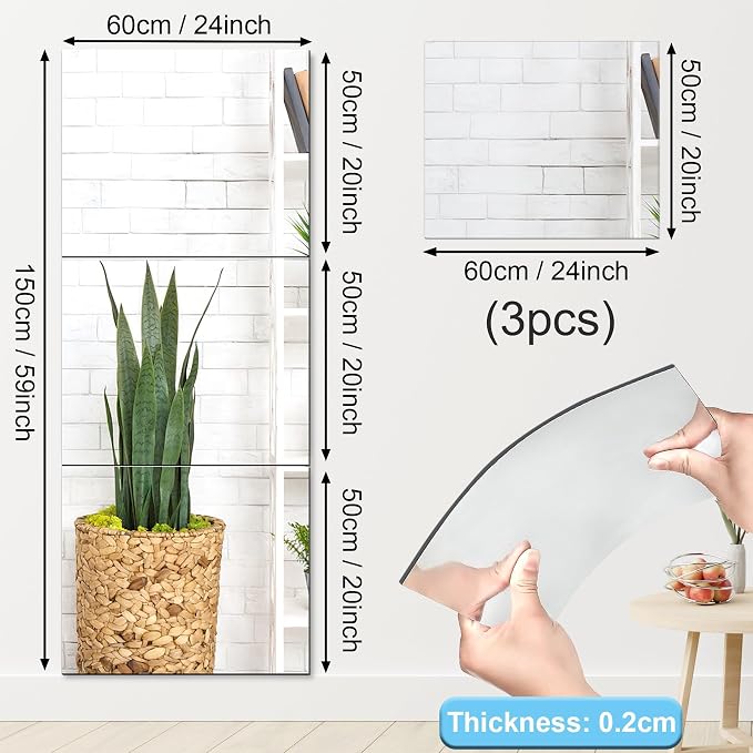 JUNEBRUSHS 3 Pack Self Adhesive Acrylic Mirrors, 20 x 24 Inch Full Length - Image 2