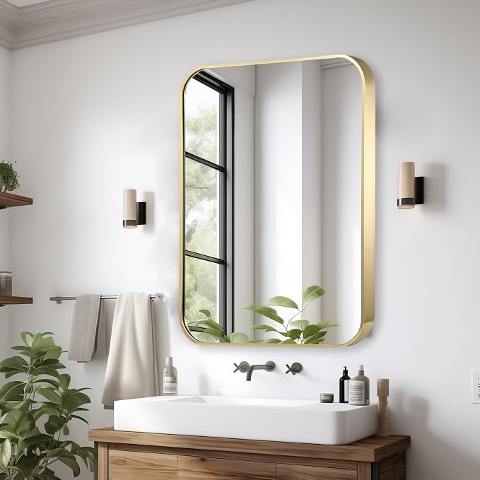 20x30 Inch Gold Bathroom Mirror, Brushed Gold Metal Framed Rectangular Mirror - Image 7