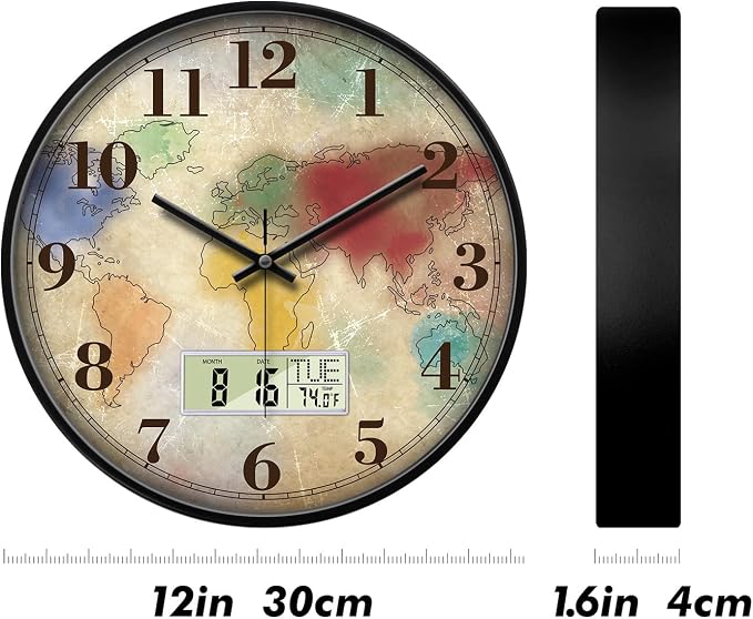 12" Silent Non-Ticking Vintage Distressed World Map Wall Clock, Battery - Image 6