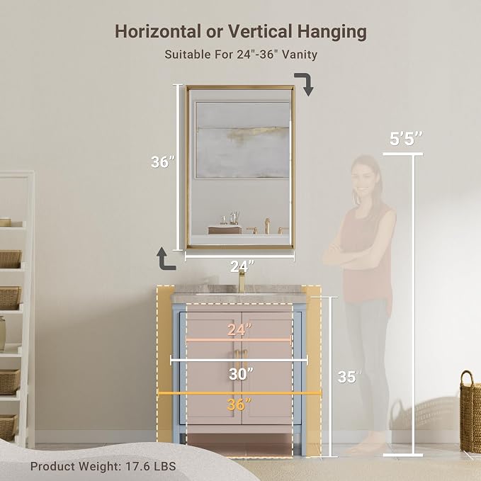 Gold Bathroom Mirror, 24x36 Brushed Gold Bathroom Mirror Beveled Edge, - Image 2