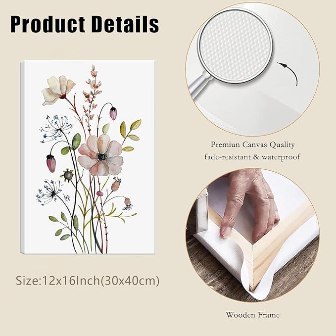 Bwodke Framed Wildflower Canvas Wall Art Pink Watercolor Botanical Floral - Image 3