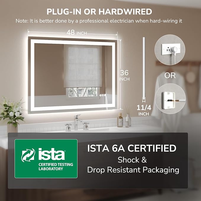 USHOWER LED Bathroom Mirror 48x36 Inch Tempered Glass - Image 7