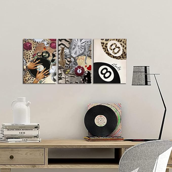 Fashion Cheetah Wall Art Set of 3 Leopard Wall Decor Pictures Lucky 8 Ball - Image 3