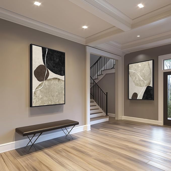 Large Framed Neutral Abstract Wall Art Set of 2, Modern Black Beige Brown - Image 2