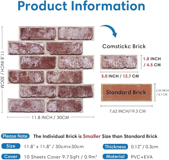 COMSTICKC 3D Faux Brick Wall Panels Peel and Stick Wall Covering, Not Real Brick - Image 5