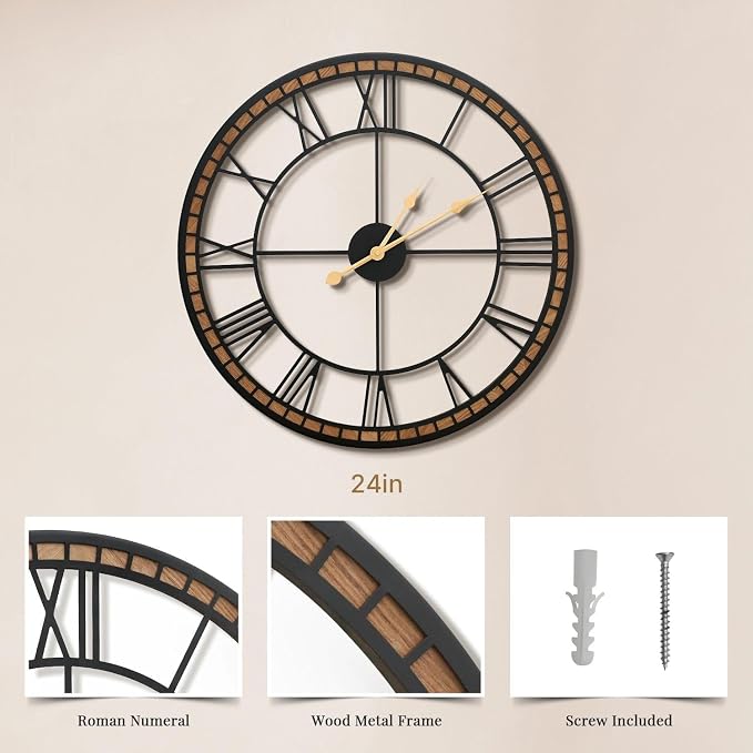 Micasso Large Farmhouse Wall Clock: 24 inch Modern Metal Black - Image 4