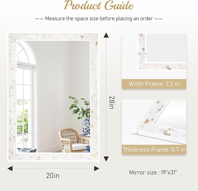 Mosaic Mirrors for Wall 20x28 Inch, Natural Mother of Pearl Inlay White Framed - Image 3